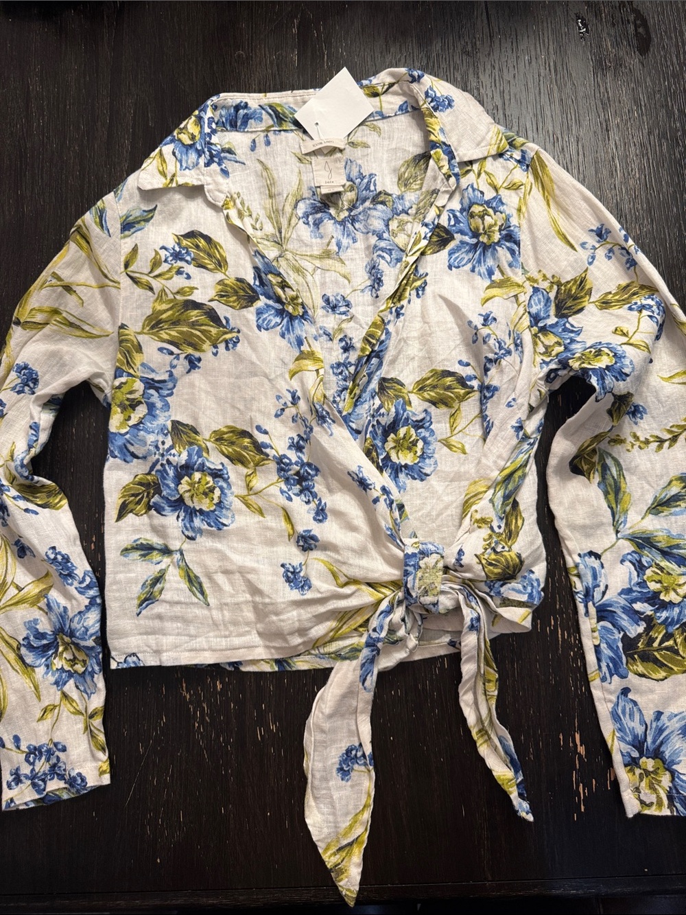 Joie White Floral Tie-Front Button Shirt with Blue and Green Print 100% Linen